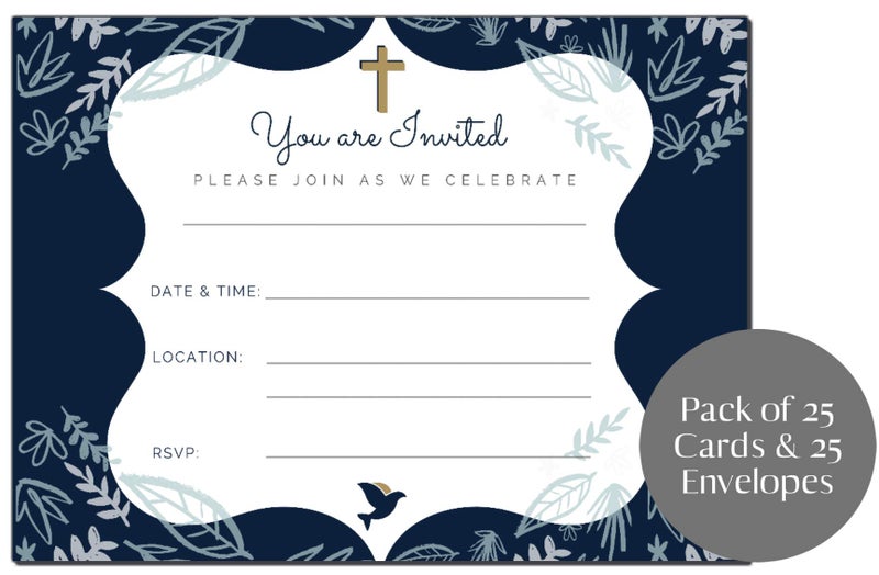Elcer 25 Religious Invitations Boys & Girls Navy Blue & Gold | Fill in Blank Cards Invites Holy First Communion Baptism Confirmation Christening Reconciliation | 25 ct with envelopes | 5" x 7" - Image 1
